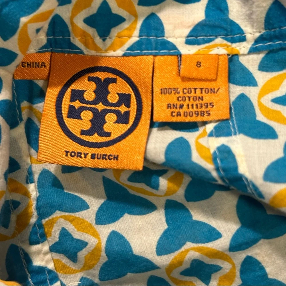 Tory Burch Ruffle Cotton Blouse Shirt Yellow Blue Size 8 Women’s Short Sleeve